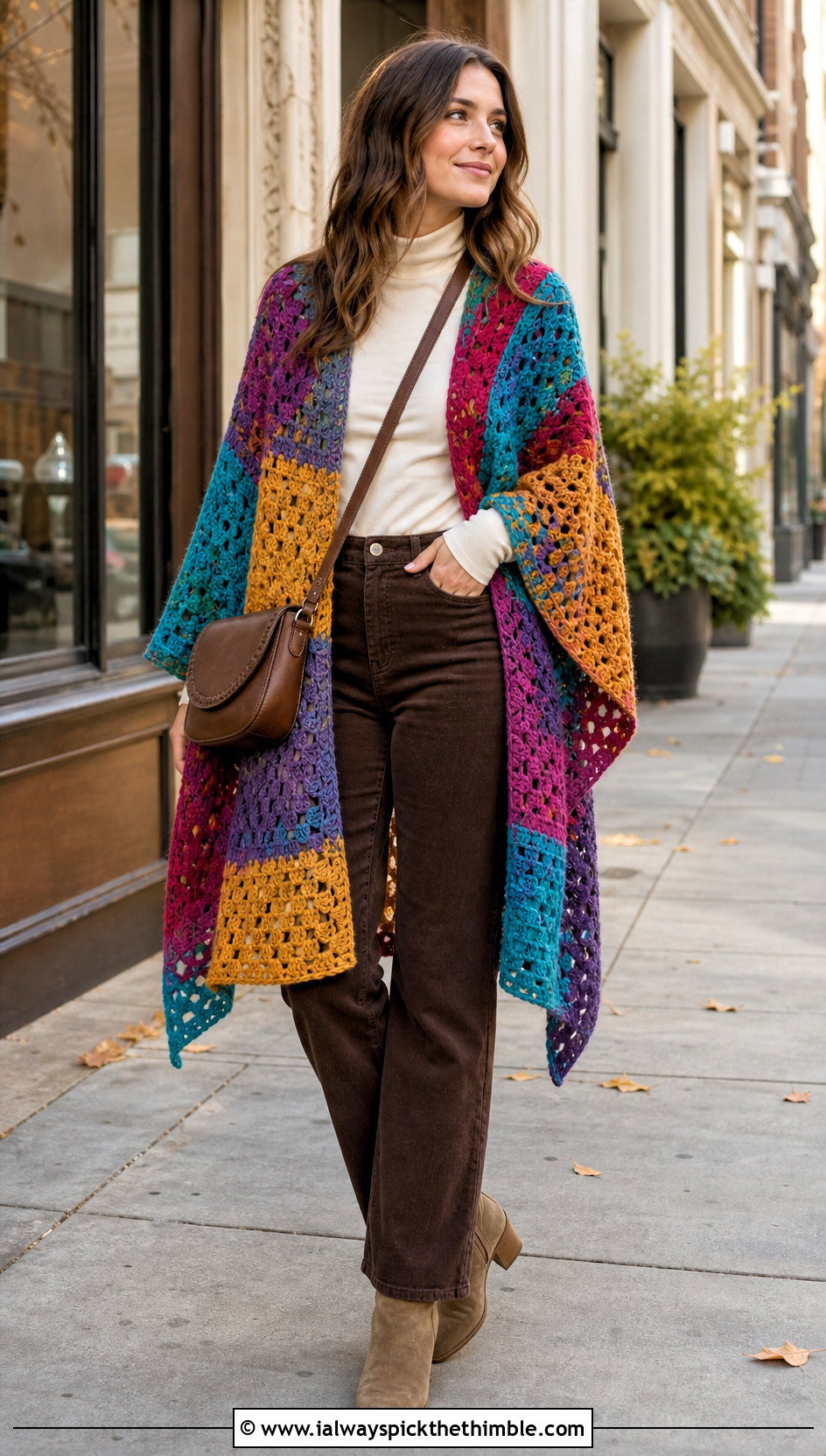 Patchwork Crocheted Ruana With Corduroy Pants - 20 Crocheted Ruana outfit ideas