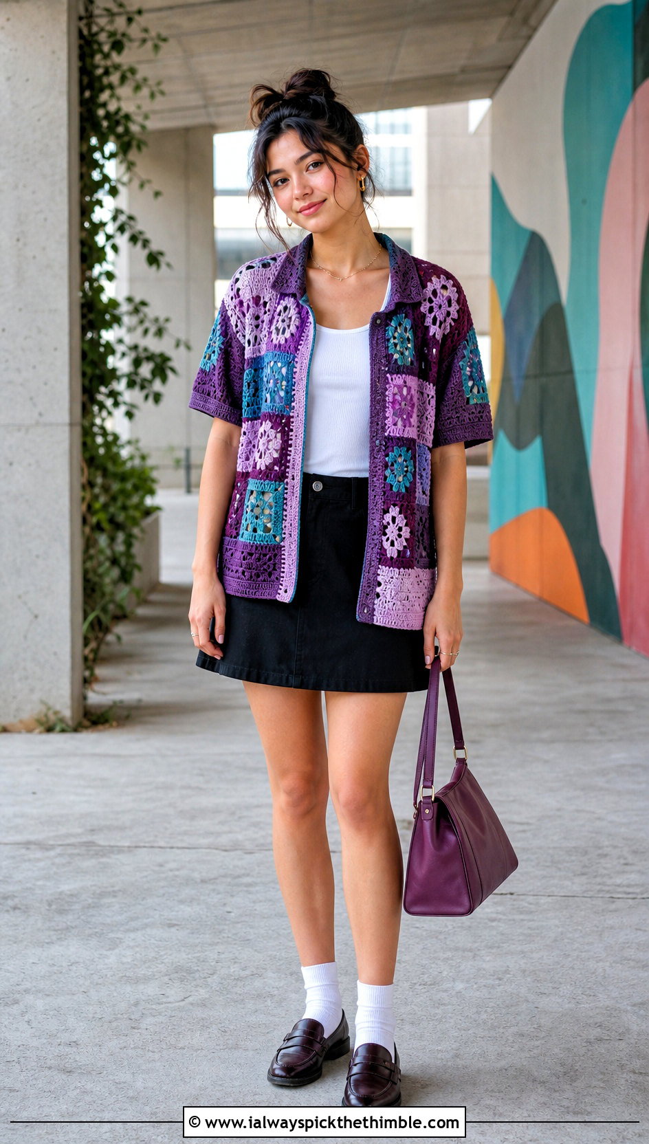 Patchwork Crocheted Shirt With Mini Skirt - 25 Crocheted Shirt outfit ideas