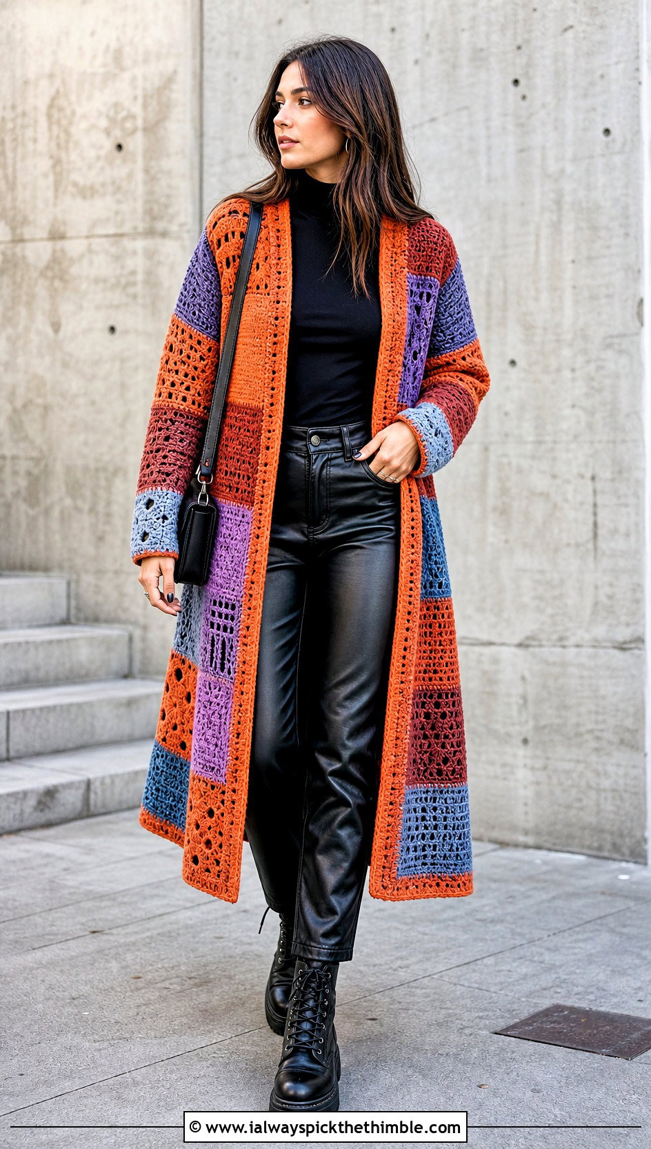 Patchwork Crocheted Sweater Coat With Leather Pants - 15 colorful crocheted sweater coat outfit ideas