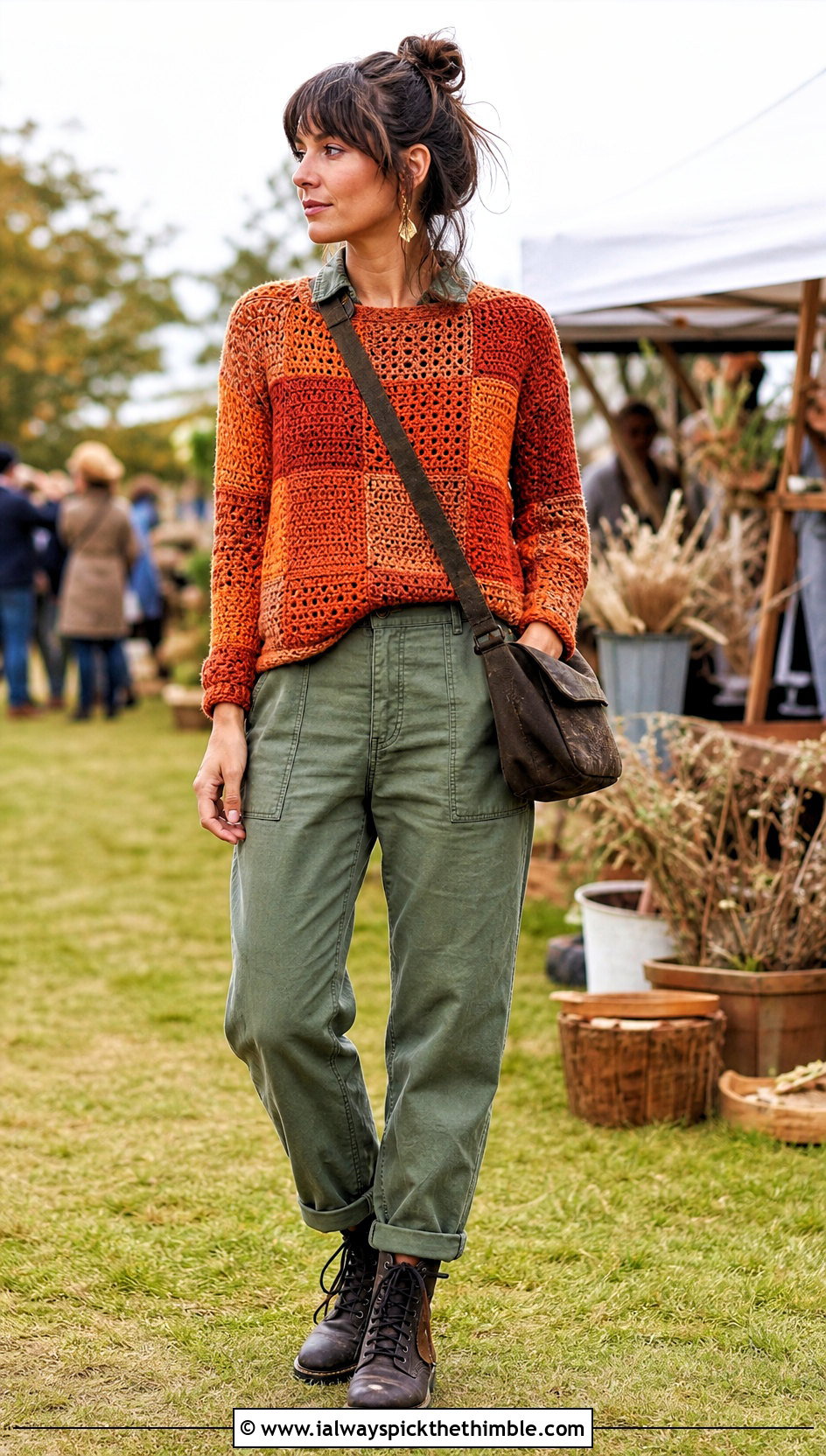 Patchwork Crocheted Sweater With Utility Jumpsuit - 20 Crocheted Sweater Outfit ideas