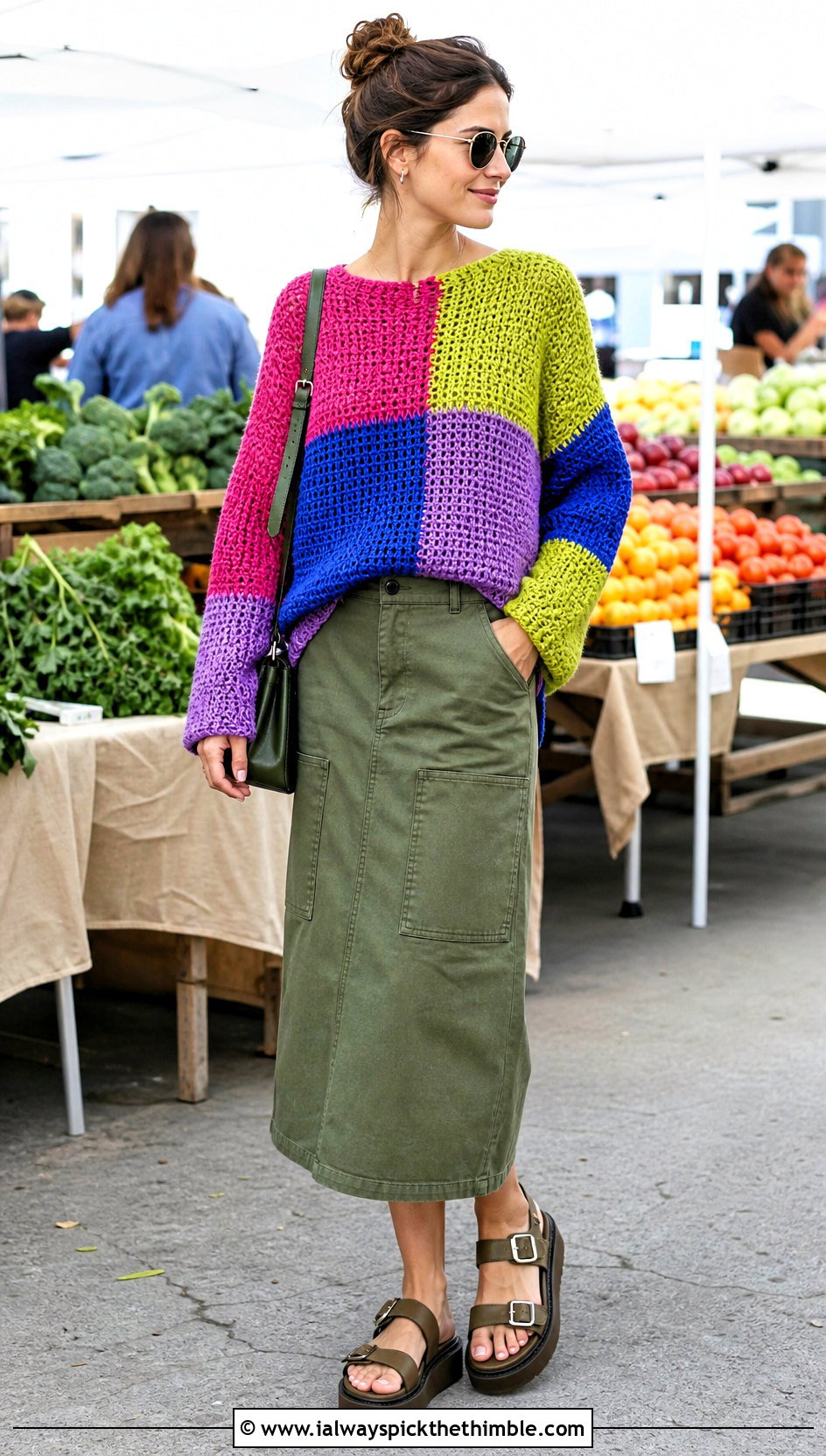 Patchwork Crocheted Sweater With Utility Skirt - 25 crocheted sweaters outfit ideas