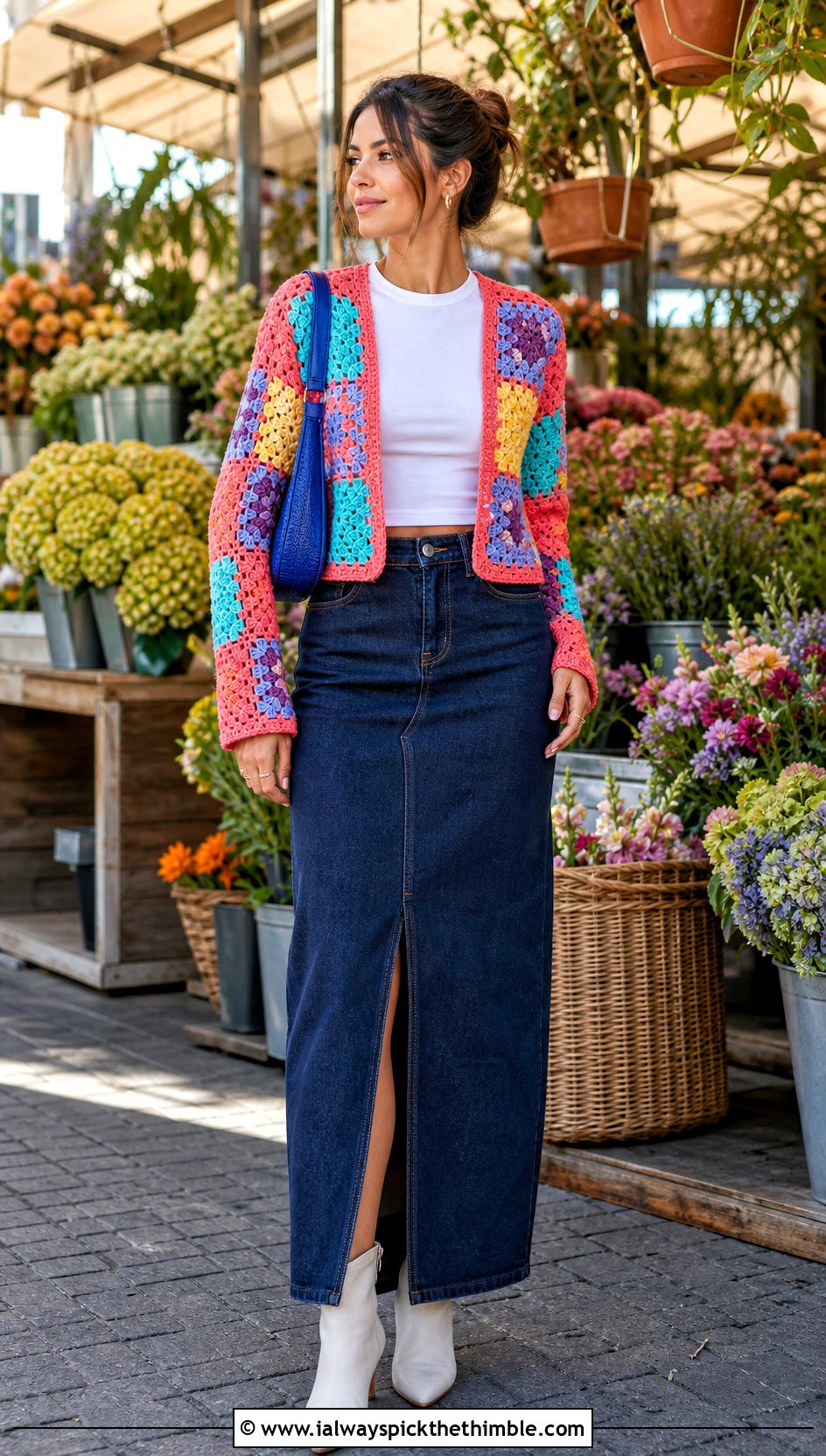 Patchwork Crop Crochet Cardigan With Denim Maxi Skirt - 20 crop crochet cardigan outfit ideas