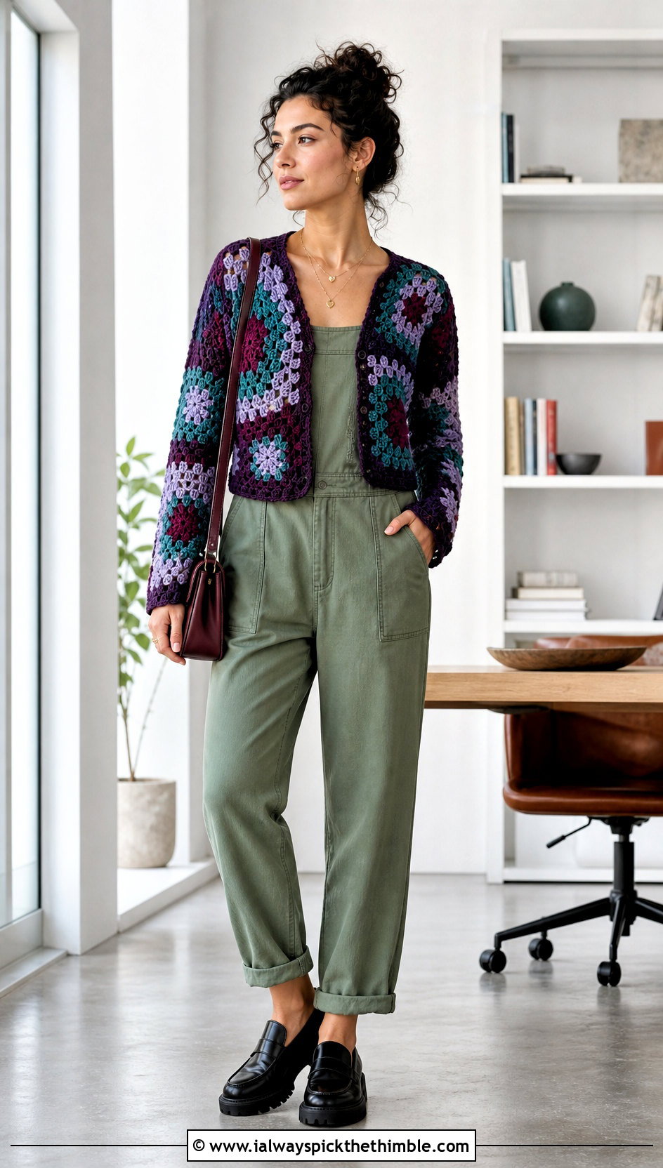 Patchwork Cropped Cardigan With Utility Jumpsuit - 25 crochet cropped cardigan outfit ideas