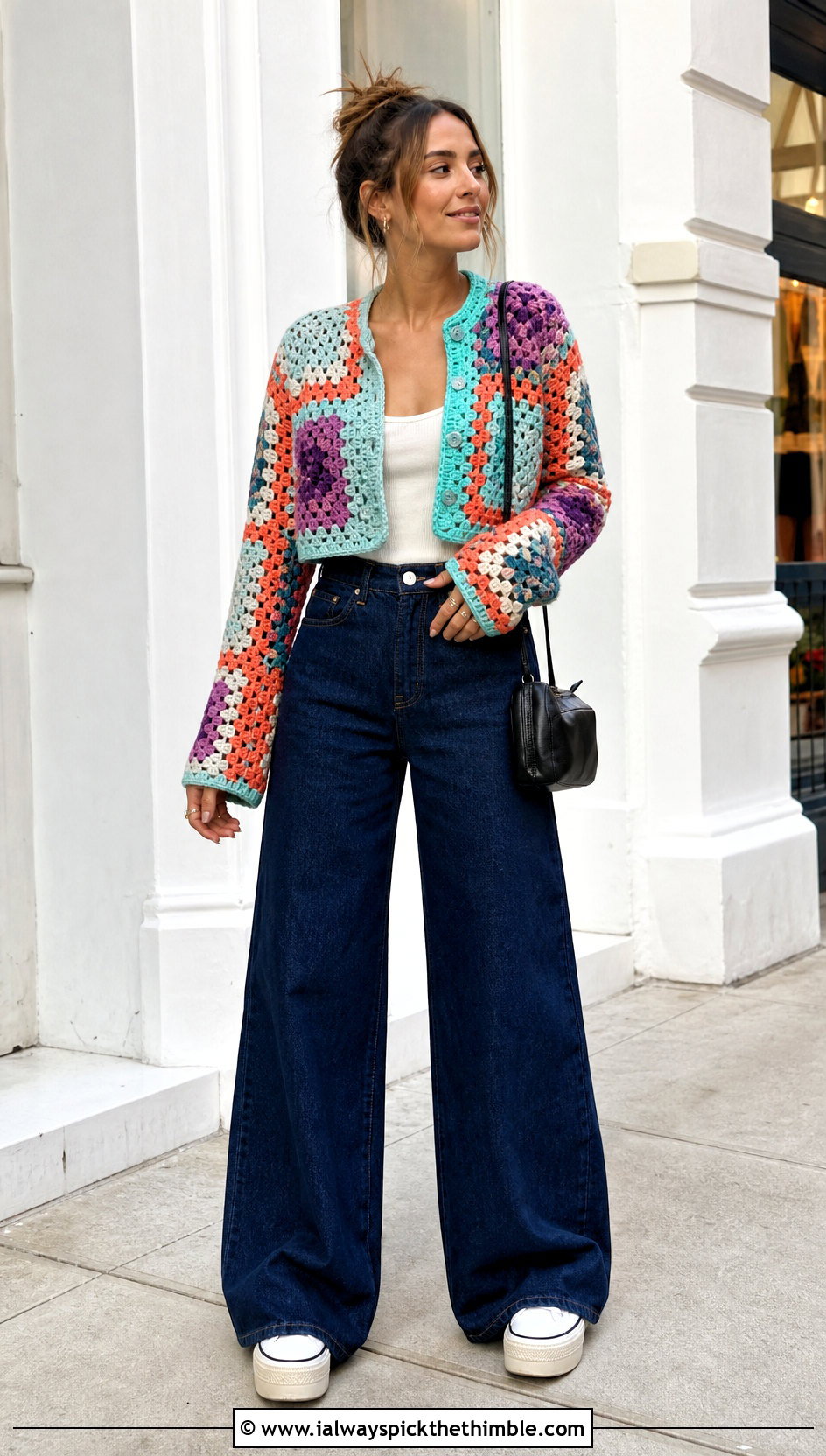 Patchwork Cropped Cardigan With Wide Leg Jeans - 20 crocheted cropped cardigan outfit ideas
