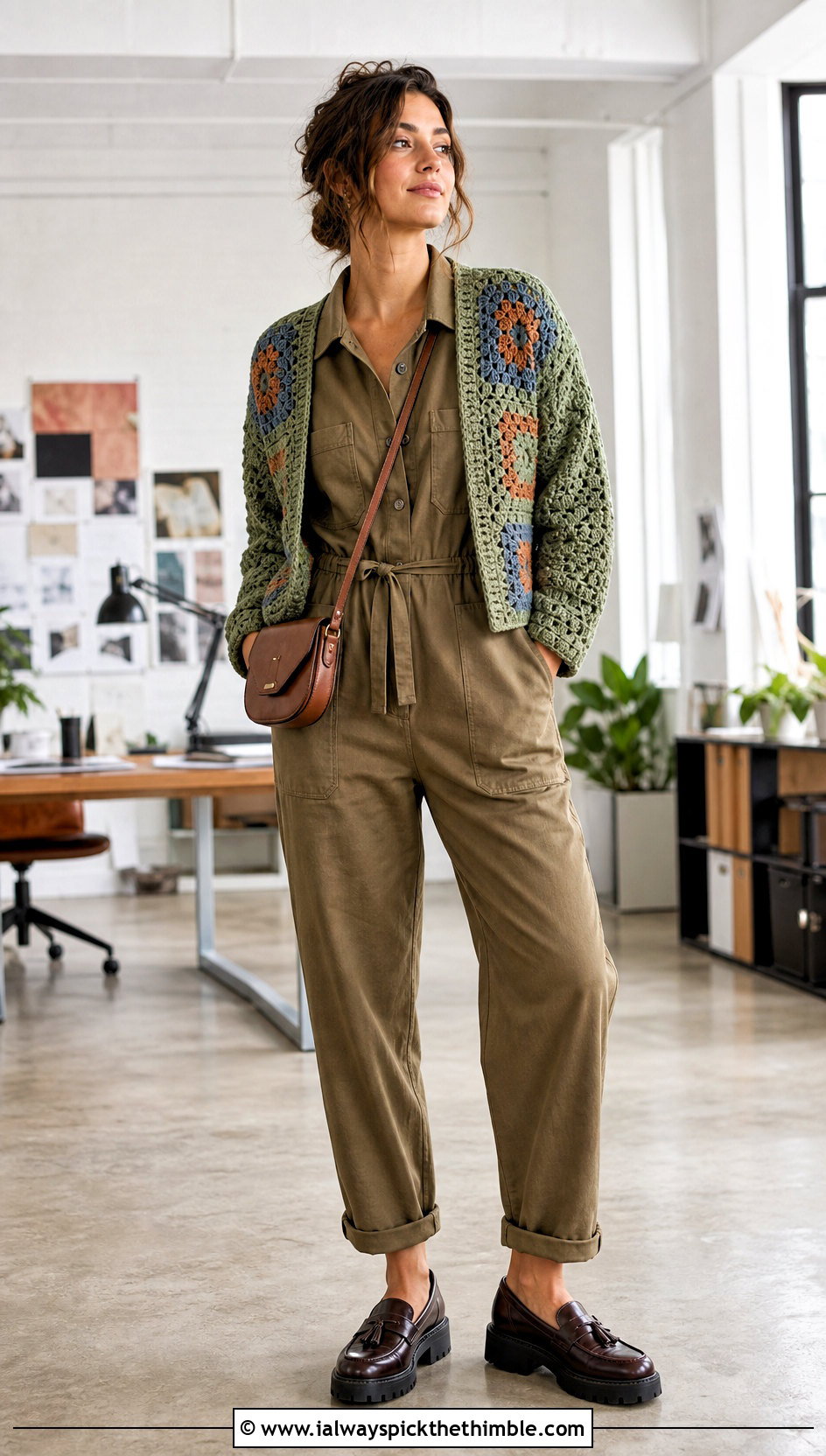 Patchwork Cropped Crochet Cardigan With Utility Jumpsuit - 25 cropped crochet cardigan outfit ideas