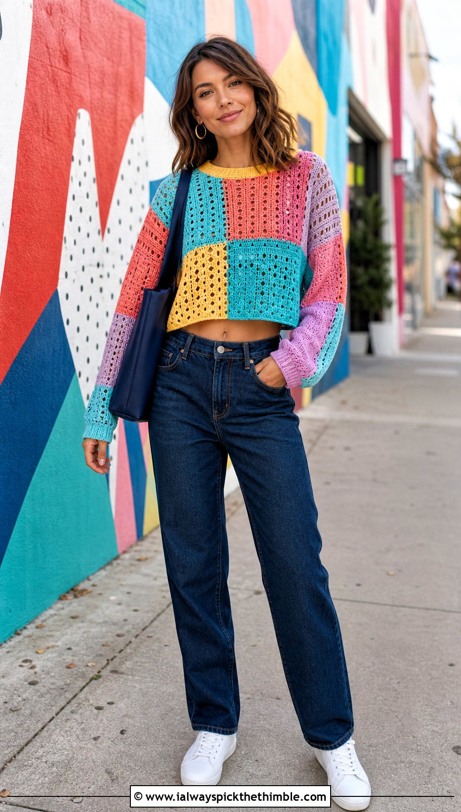 Patchwork Cropped Crochet Pullover With Straight Leg Jeans - 15 Cropped Crochet Pullover outfit ideas
