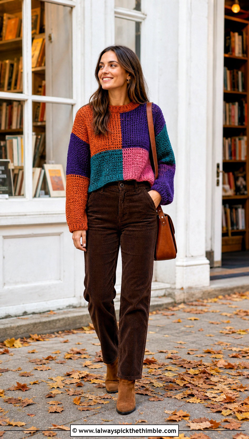 Patchwork Cropped Crochet Sweater With Corduroy Pants - 25 crop crochet sweater outfit ideas
