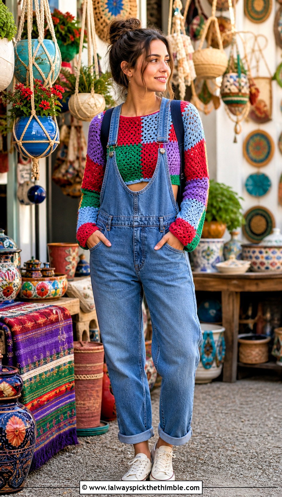 Patchwork Cropped Crochet Sweater With Denim Overalls - 25 crochet cropped sweater outfit ideas