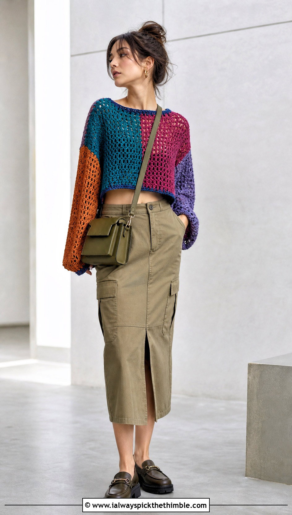 Patchwork Cropped Crochet Sweater With Utility Midi Skirt - 25 cropped crochet sweater outfit ideas