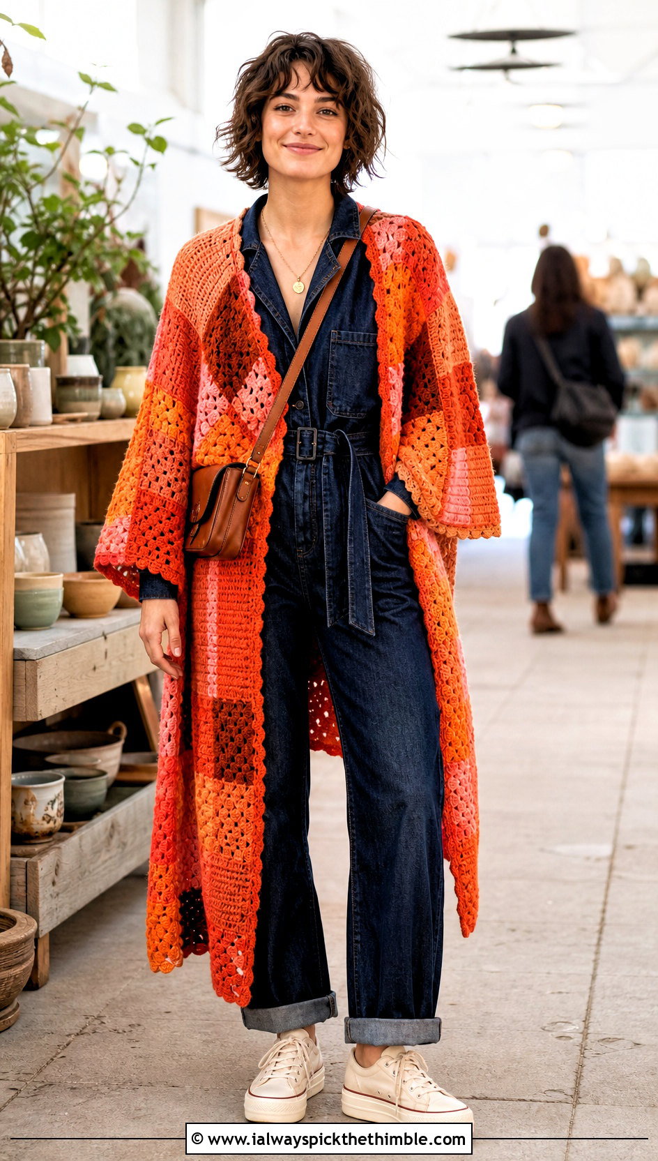 Patchwork DIY Crochet Cape With Denim Jumpsuit - 15 diy crochet cape outfit ideas