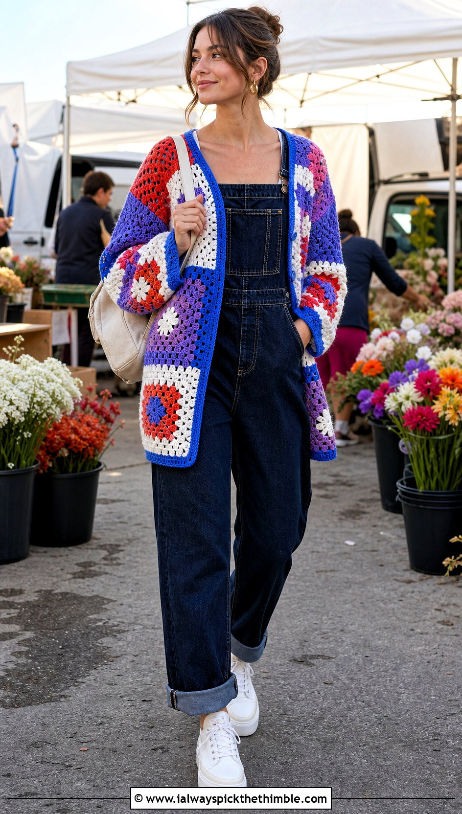 Patchwork DK Crochet Cardigan With Denim Overalls - 20 Dk Crochet Cardigan outfit ideas