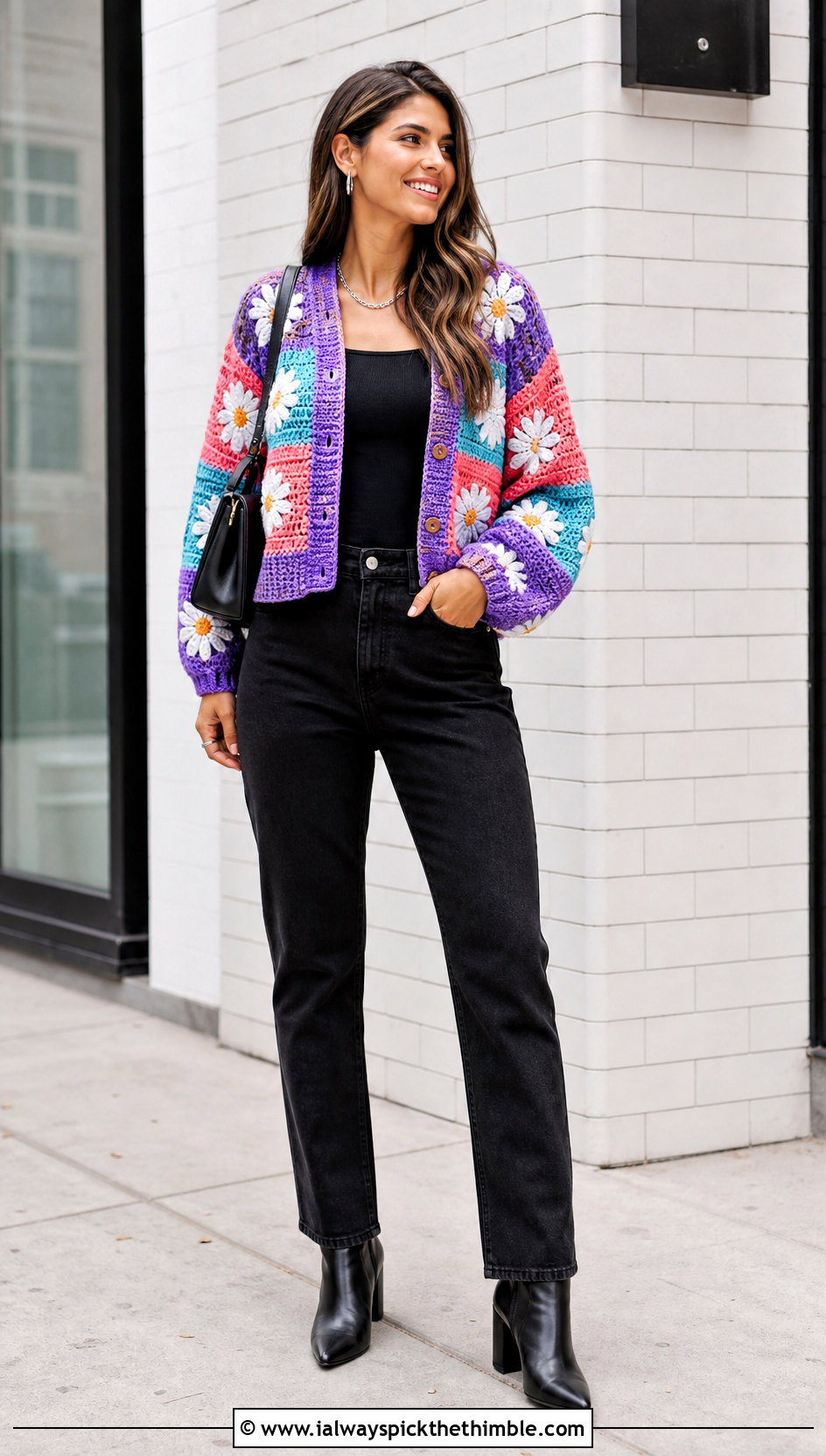 Patchwork Daisy Cardigan With Black Jeans - 25 Crochet Daisy Cardigan outfit ideas