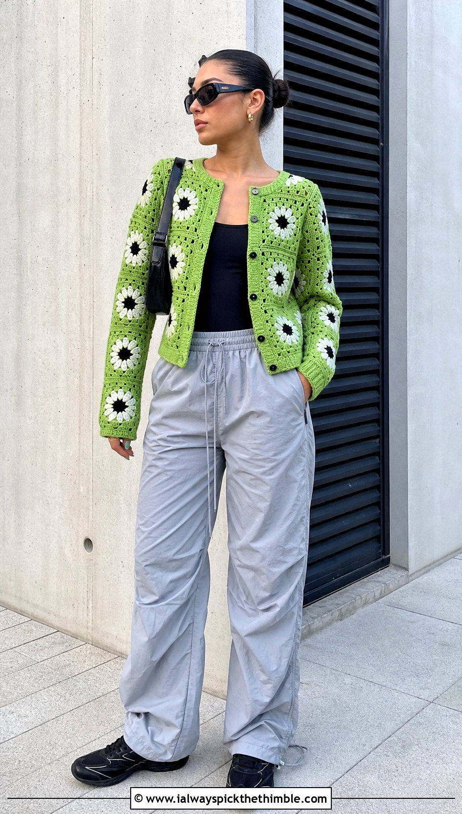 Patchwork Daisy Granny Square Cardigan With Parachute Pants - 20 Daisy Granny Square Cardigan outfit ideas