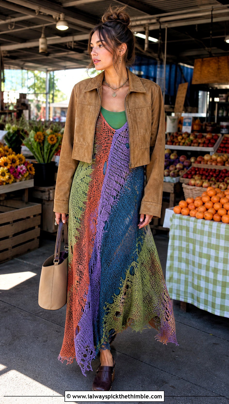 Patchwork Distressed Crochet Maxi Dress With Suede Jacket - 20 Distressed Crochet Dress outfit ideas