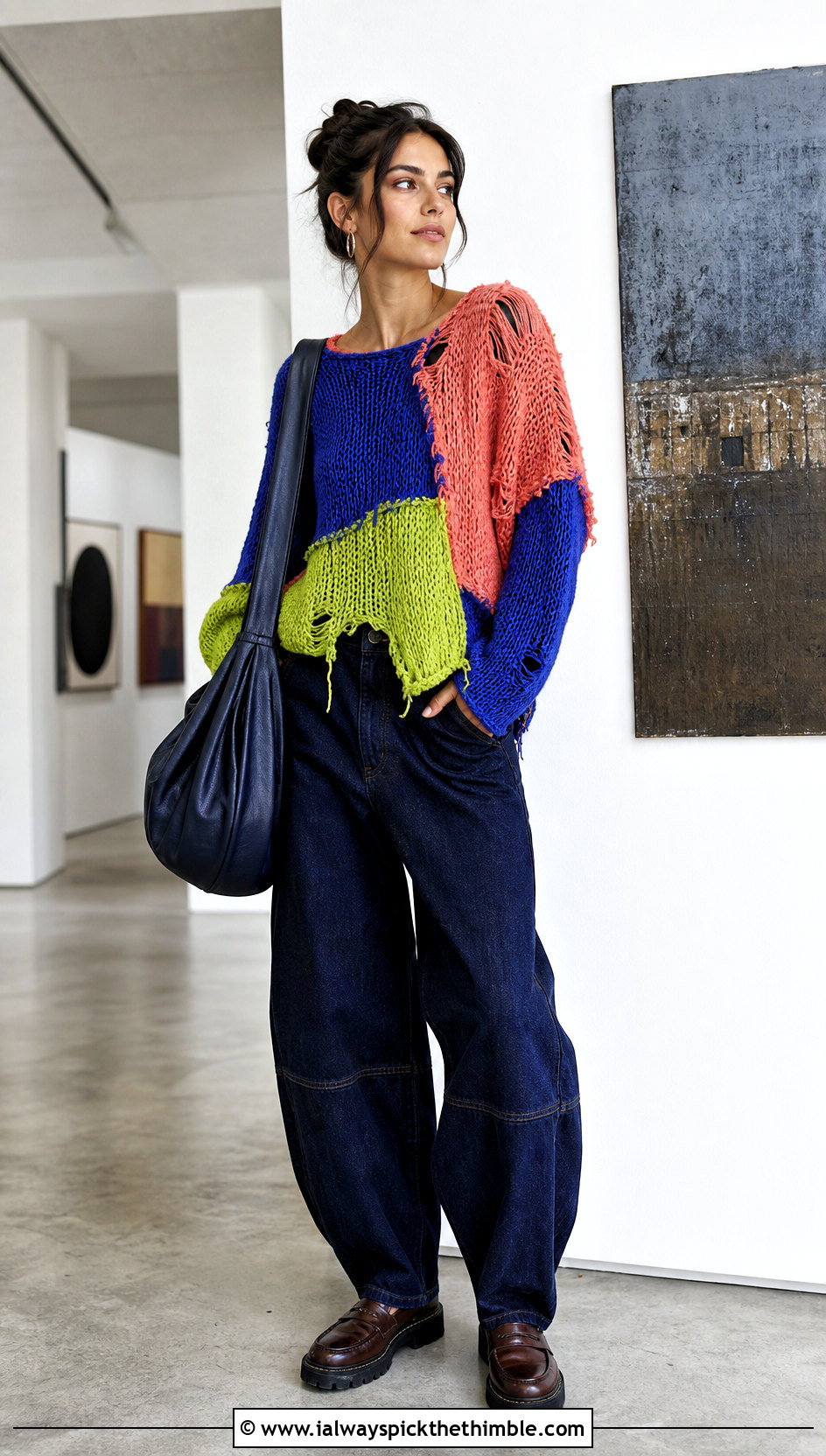 Patchwork Distressed Crochet Sweater With Barrel Jeans - 25 distressed crochet sweater outfit ideas