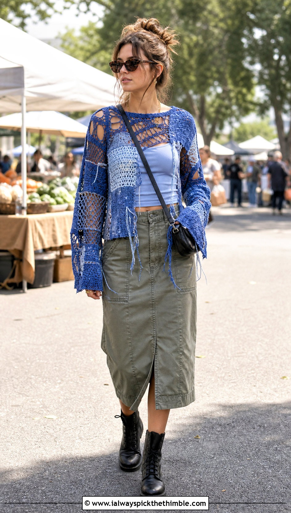 Patchwork Distressed Crochet Top With Utility Skirt - 25 Distressed Crochet Top outfit ideas