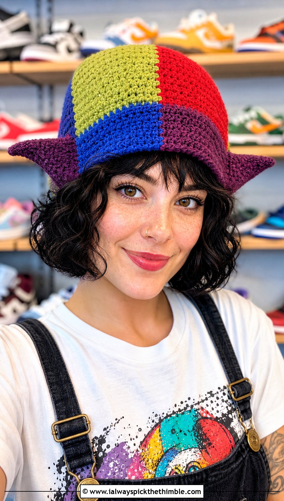 Patchwork Dobby Crochet Hat With Graphic Tee And Overalls - 20 dobby crochet hat outfit ideas