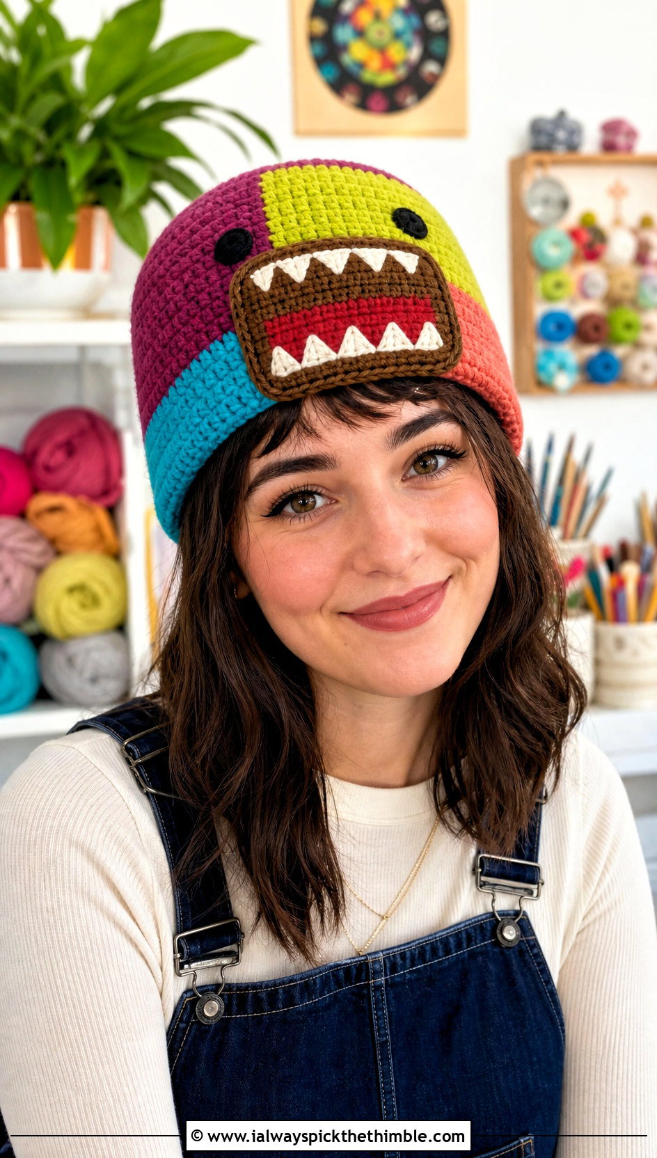 Patchwork Domo Kun Crochet Beanie With Overalls And Sneakers - 20 Domo Kun Crochet Hat outfit ideas
