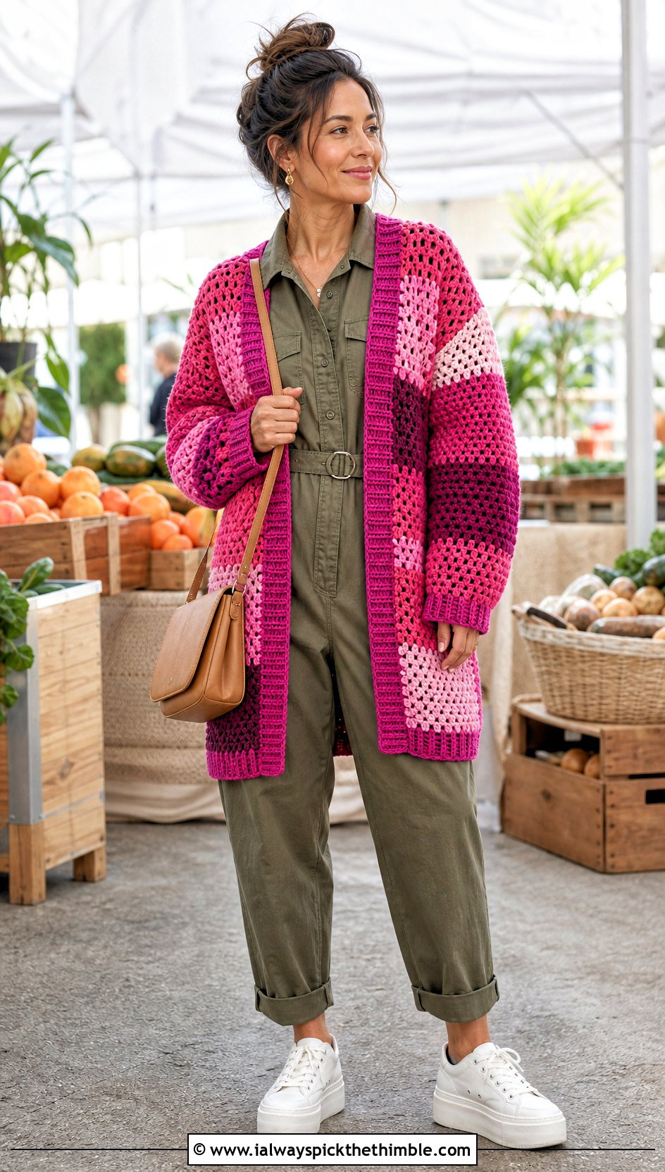 Patchwork Double Crochet Cardigan With Utility Jumpsuit - 20 Double Crochet Cardigan outfit ideas