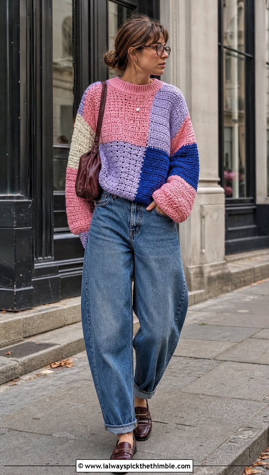 Patchwork Fisherman Crochet Sweater With Barrel Jeans - 20 Fisherman Crochet Sweater outfit ideas