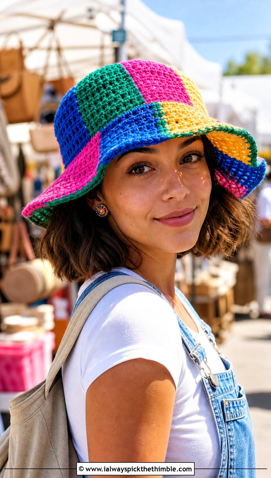 Patchwork Floppy Crochet Hat With Denim Overalls - 20 floppy crochet hat outfit ideas