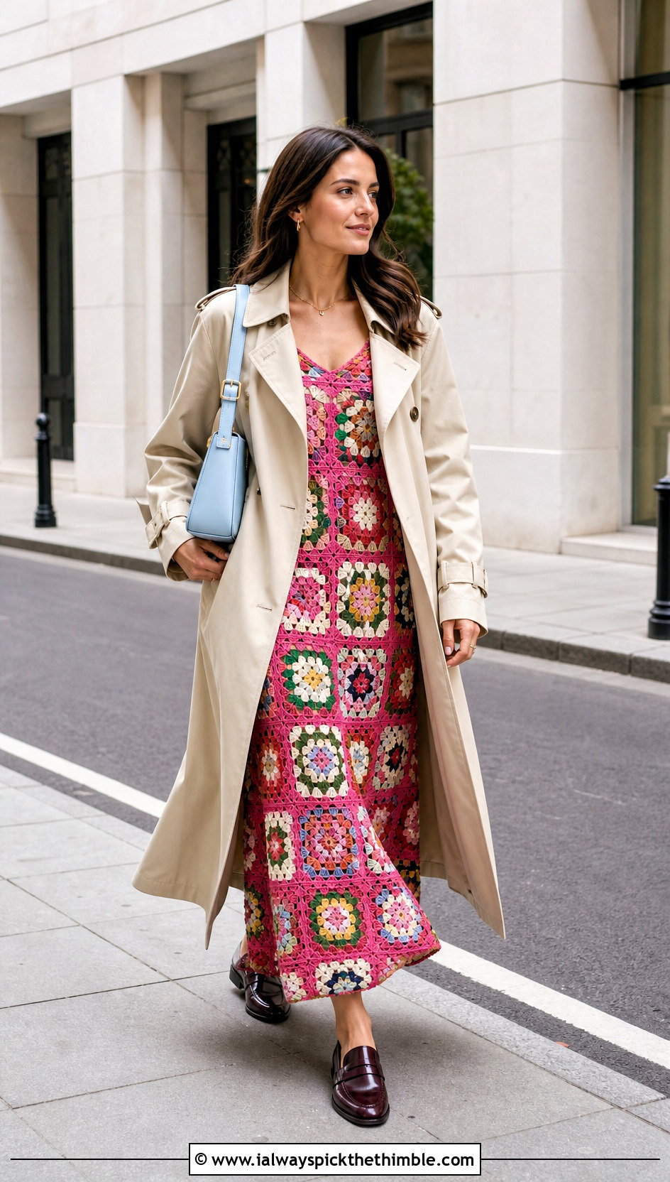 Patchwork Floral Crochet Maxi Dress With Trench Coat - 15 floral crochet maxi dress outfit ideas
