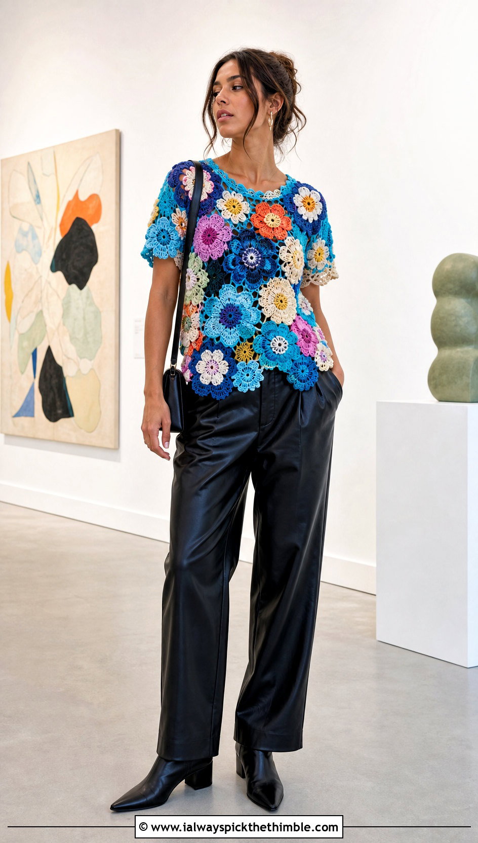 Patchwork Floral Crochet Tee With Leather Pants - 25 floral crochet top outfit ideas