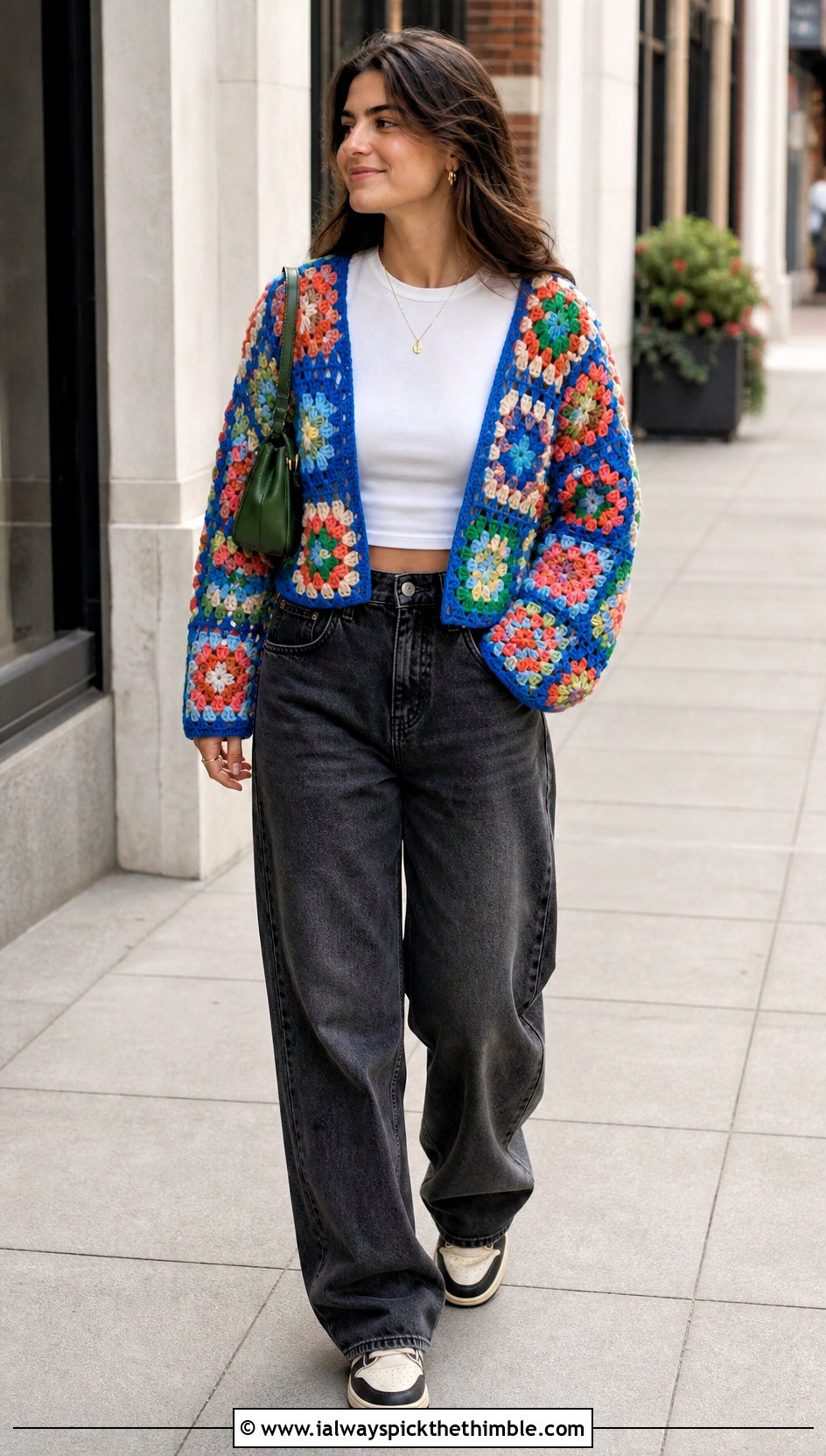 Patchwork Flower Crochet Cardigan With Baggy Jeans - 20 Flower Crochet Cardigan outfit ideas