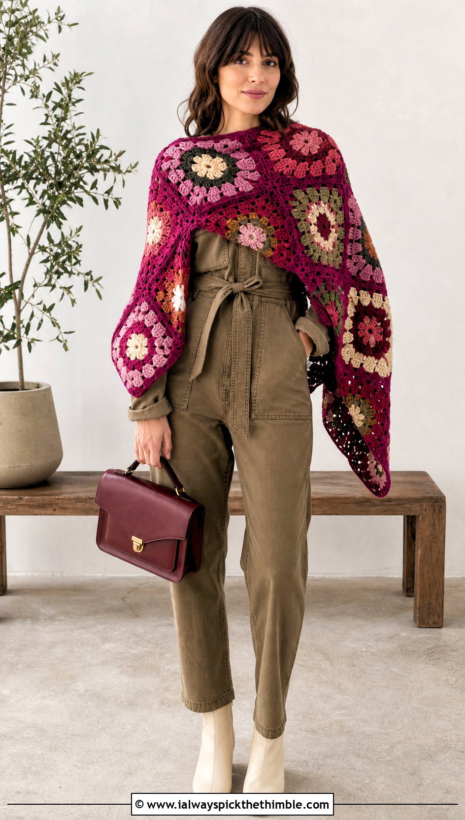 Patchwork Flower Crochet Poncho With Utility Jumpsuit - 20 Crochet Flower Poncho outfit ideas