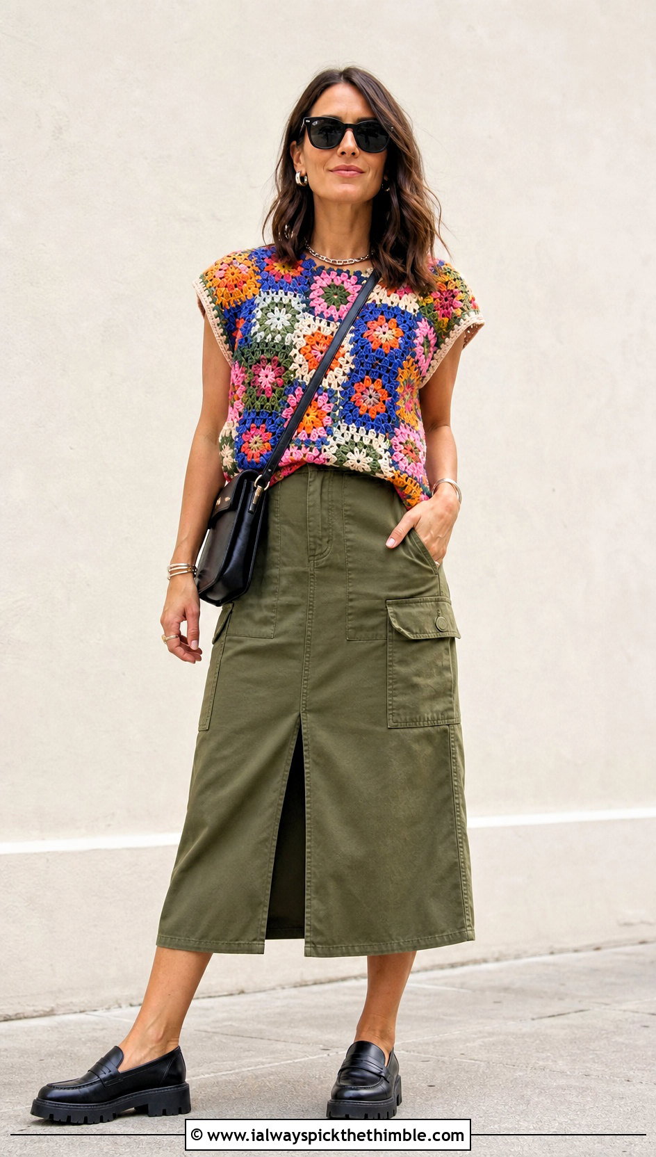 Patchwork Flower Crochet Top With Utility Skirt - 20 flower crochet tops outfit ideas