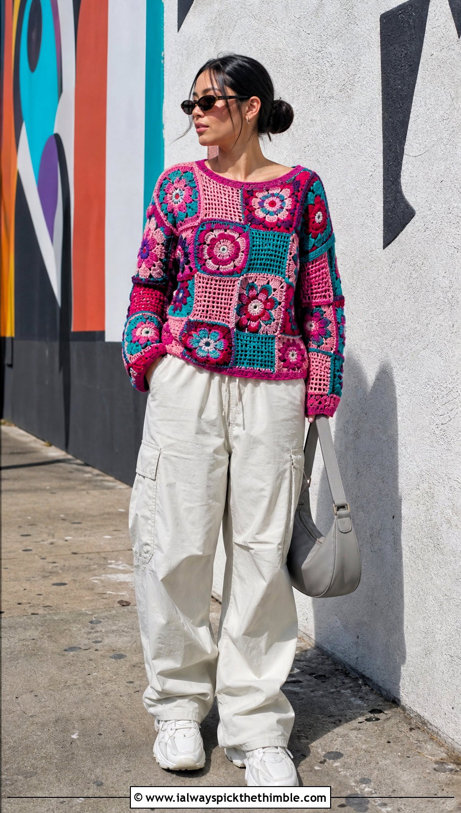 Patchwork Flower Sweater With Parachute Pants - 20 crochet flower sweater outfit ideas