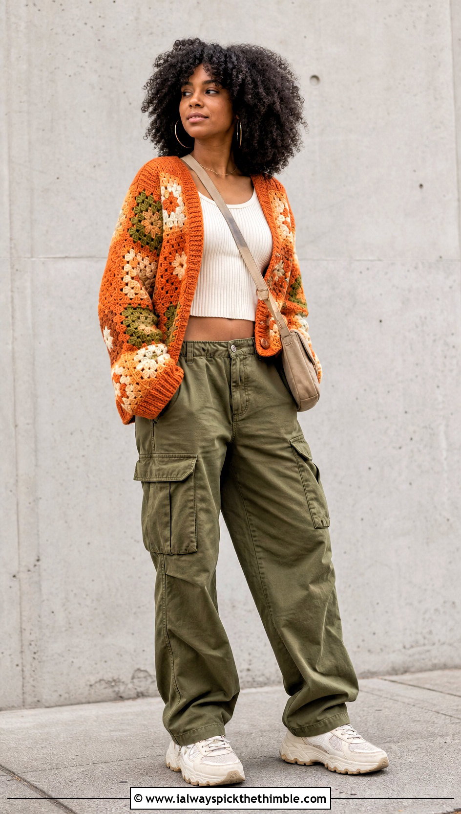 Patchwork Folklore Crochet Cardigan With Cargo Pants - 20 Taylor Swift Folklore Crochet Cardigan outfit ideas