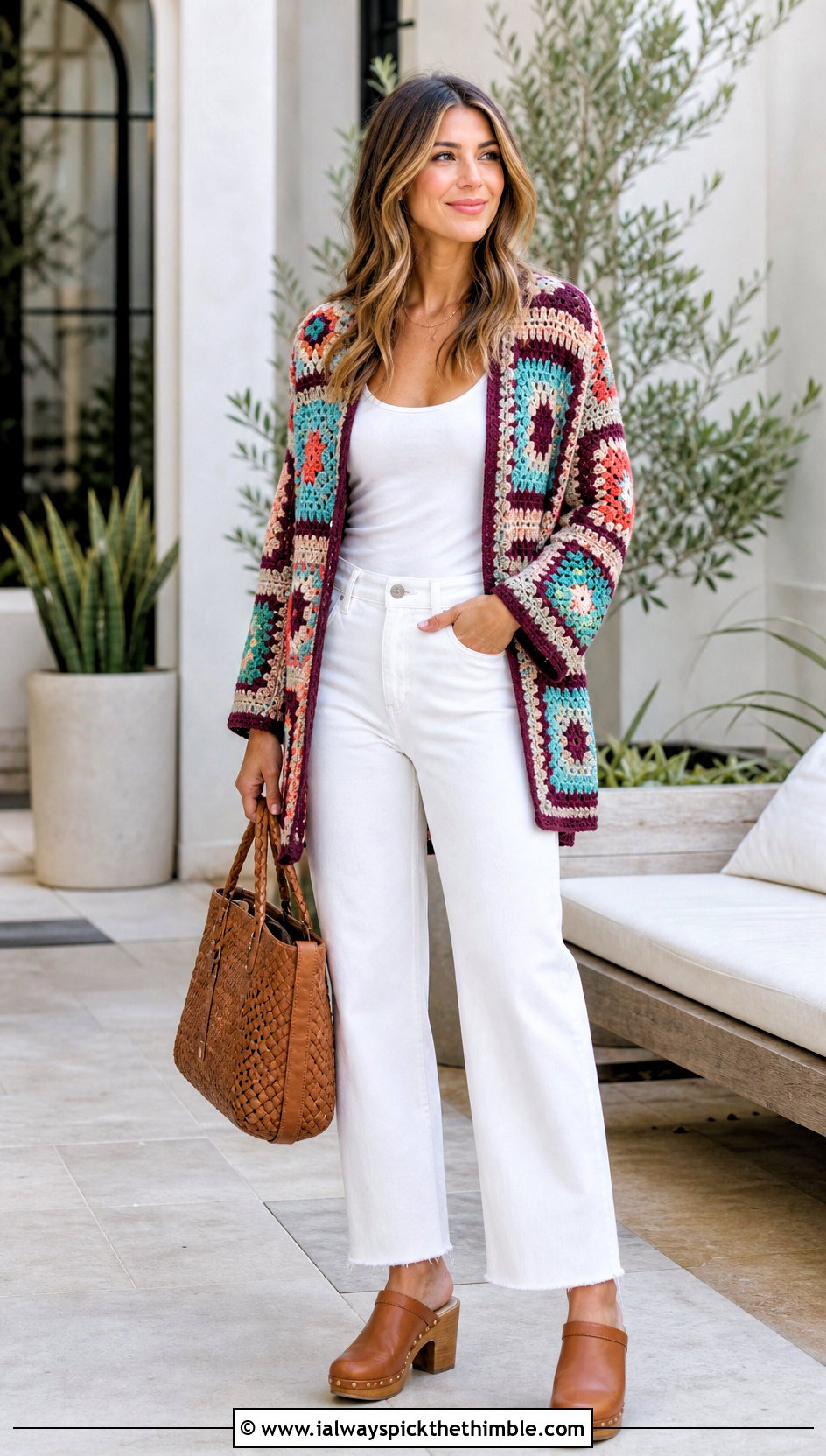 Patchwork Folklore Crochet Cardigan With White Denim - 20 folklore crochet cardigan outfit ideas