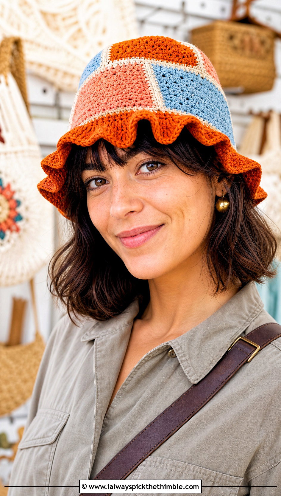 Patchwork Frill Crochet Bucket Hat With Utility Jumpsuit - 20 Frilly Crochet Bucket Hat outfit ideas