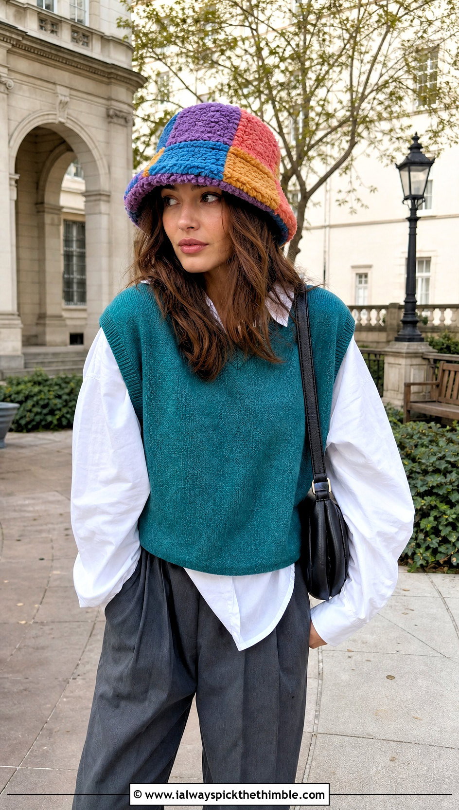 Patchwork Fuzzy Crochet Bucket Hat With Sweater Vest - 20 fuzzy crochet bucket hat outfit ideas