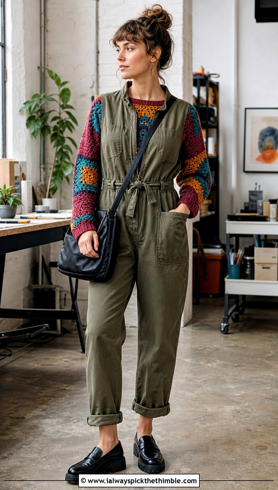 Patchwork Geometric Crochet Sweater With Utility Jumpsuit - 15 crochet sweater with geometric outfit ideas