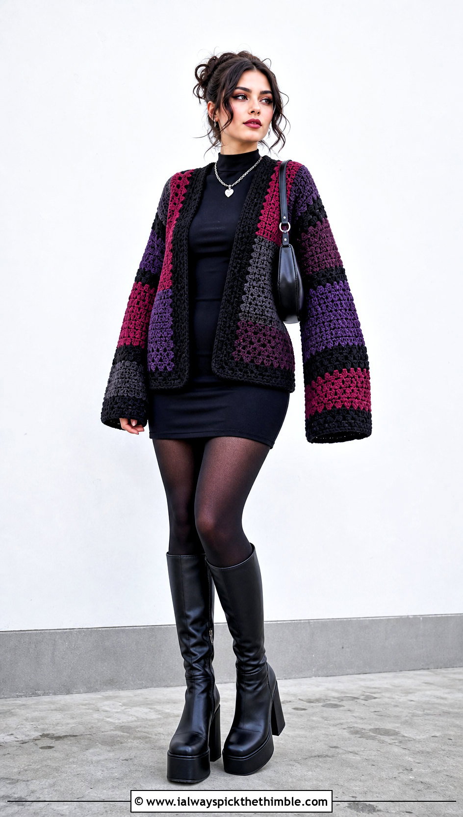 Patchwork Goth Crochet Cardigan With Black Mini Dress - 15 goth crochet cardigan outfit ideas