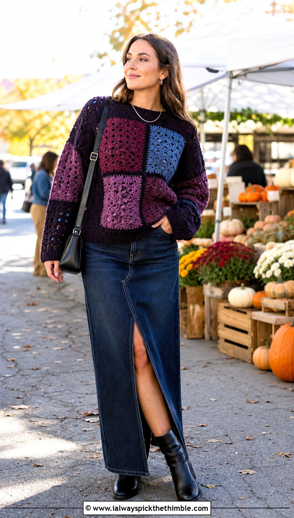 Patchwork Grandpa Crochet Sweater With Denim Maxi Skirt - 15 Grandpa Crochet Sweater outfit ideas