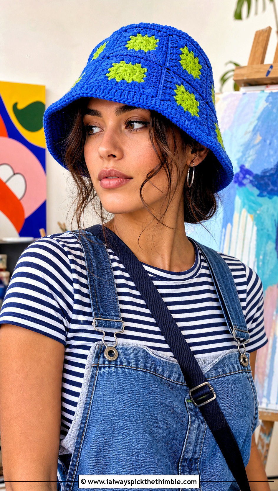 Patchwork Granny Crochet Bucket Hat With Denim Overalls - 20 granny crochet bucket hat outfit ideas