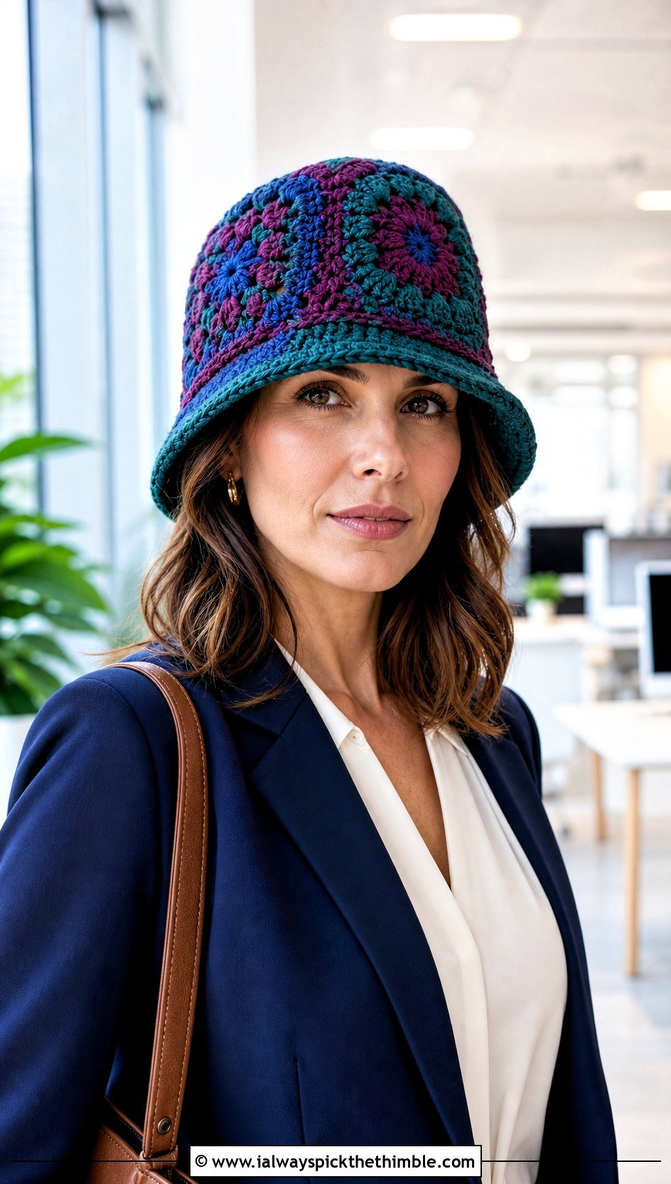 Patchwork Granny Crochet Cloche With Blazer And Trousers - 20 Granny Crochet Hat outfit ideas