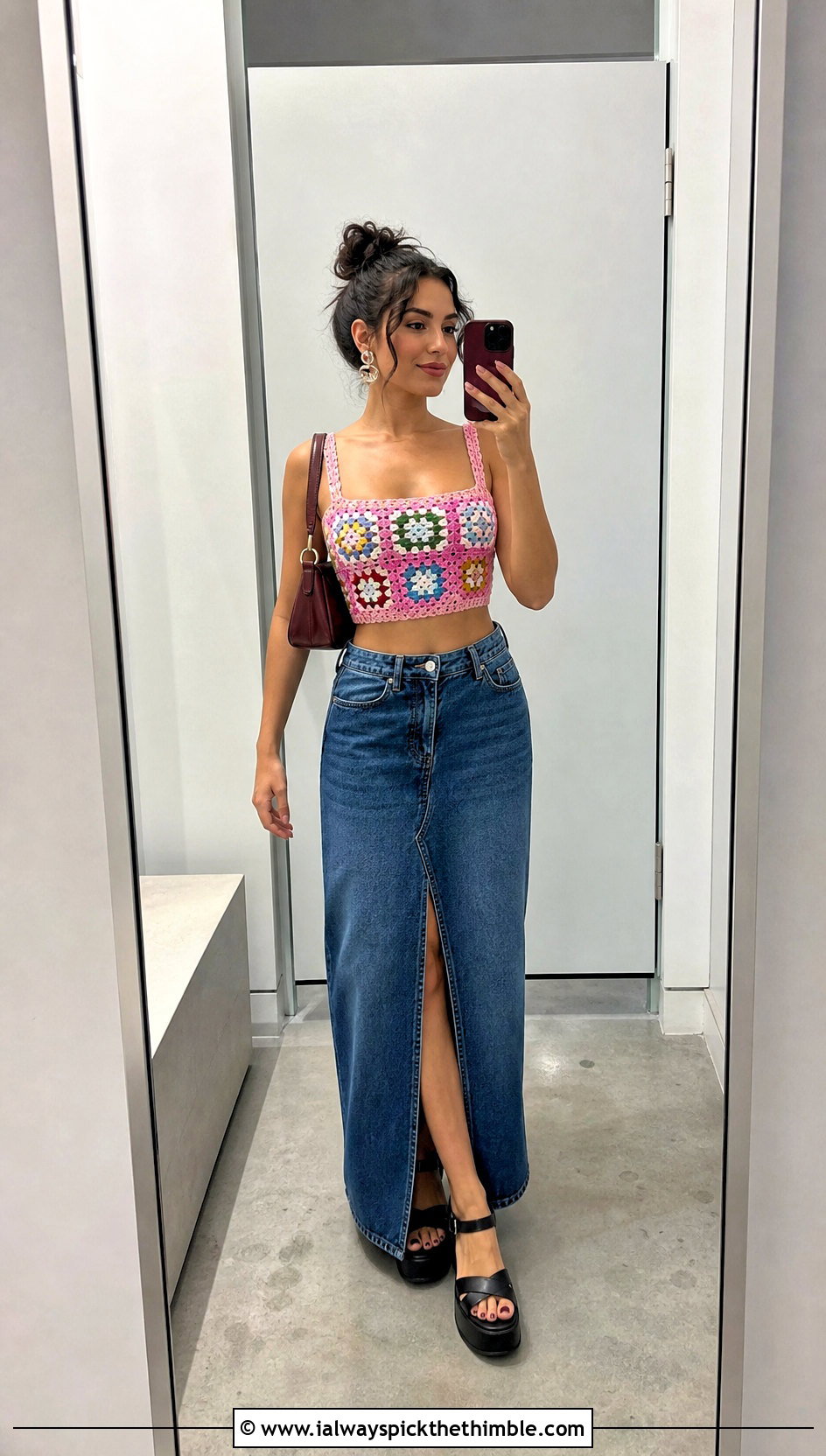 Patchwork Granny Crop Top With Denim Maxi Skirt - 20 Crochet Granny Crop Top outfit ideas