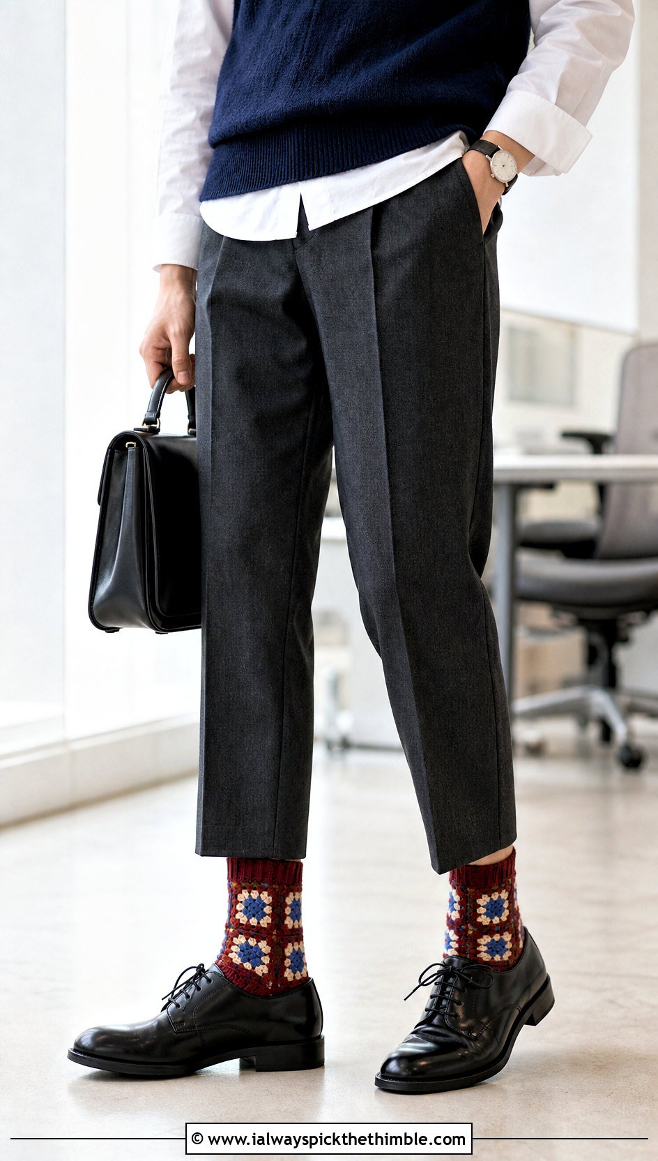 Patchwork Granny Cuff Socks With Tailored Trousers - 20 Crochet Granny Socks outfit ideas