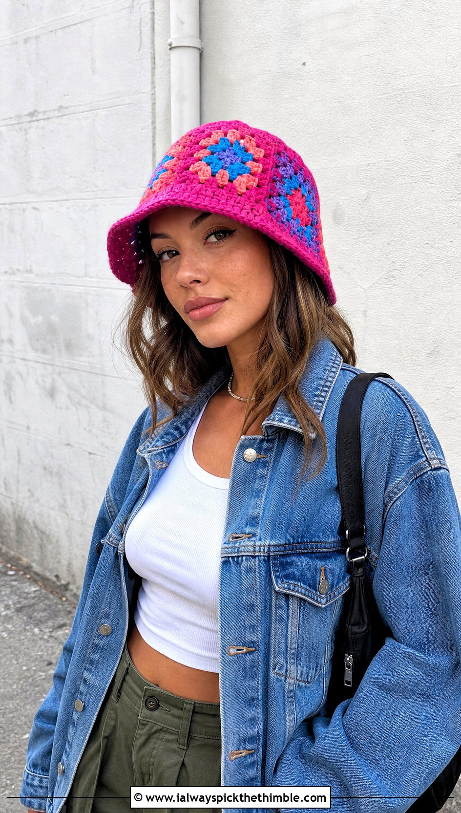 Patchwork Granny Hat With Denim Jacket And Cargo Pants - 20 crochet granny hat outfit ideas