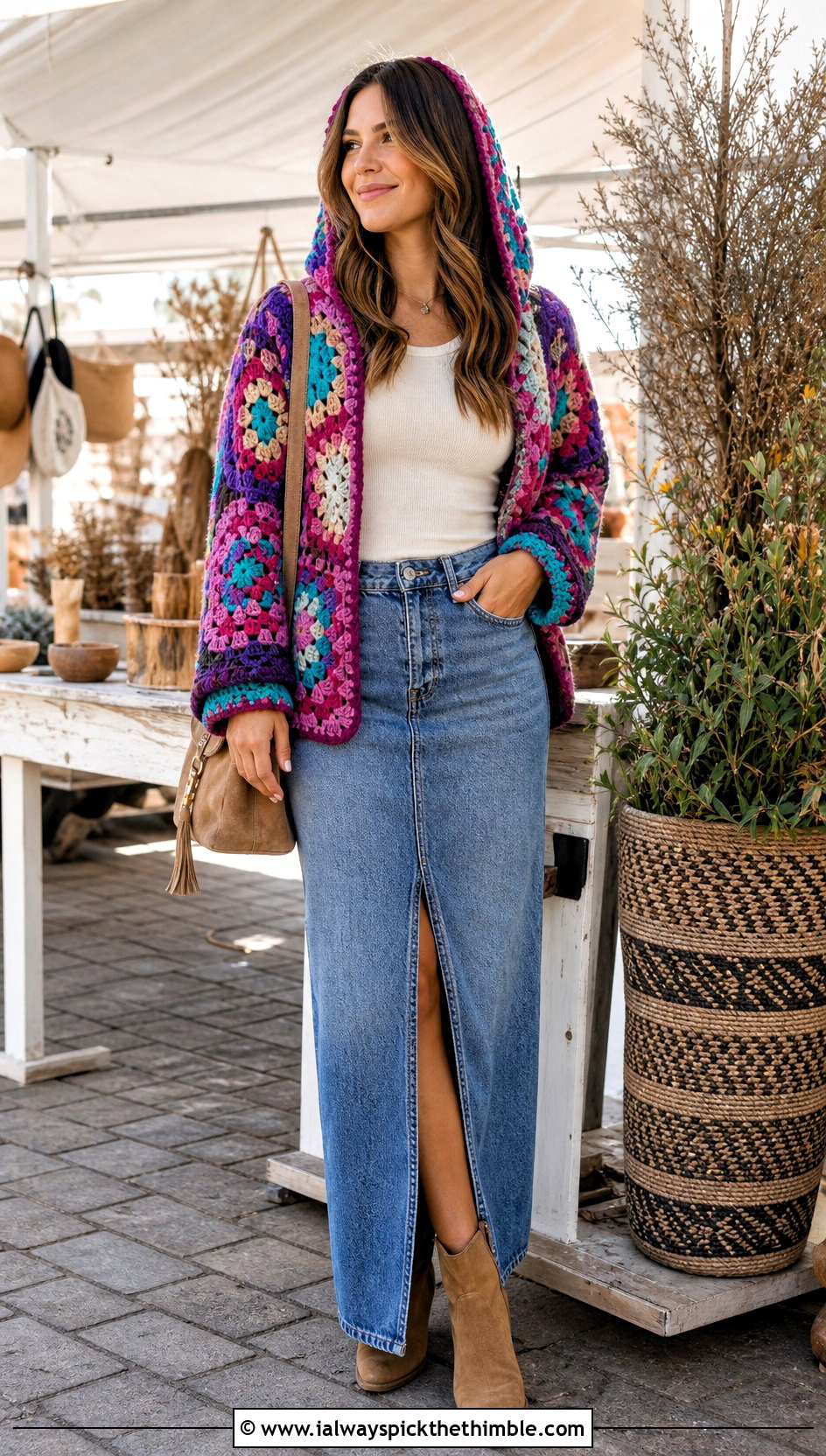 Patchwork Granny Hexi Crochet Hoodie With Denim Skirt - 20 hexi crochet hoodie outfit ideas
