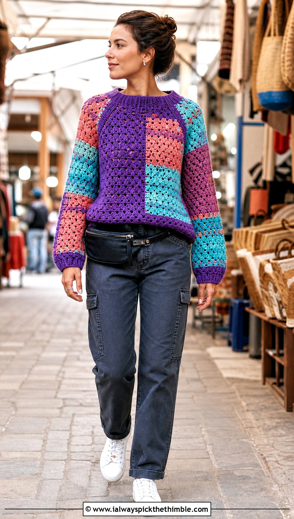 Patchwork Granny Raglan Sweater With Utility Pants - 20 Crochet Granny Raglan Sweater outfit ideas