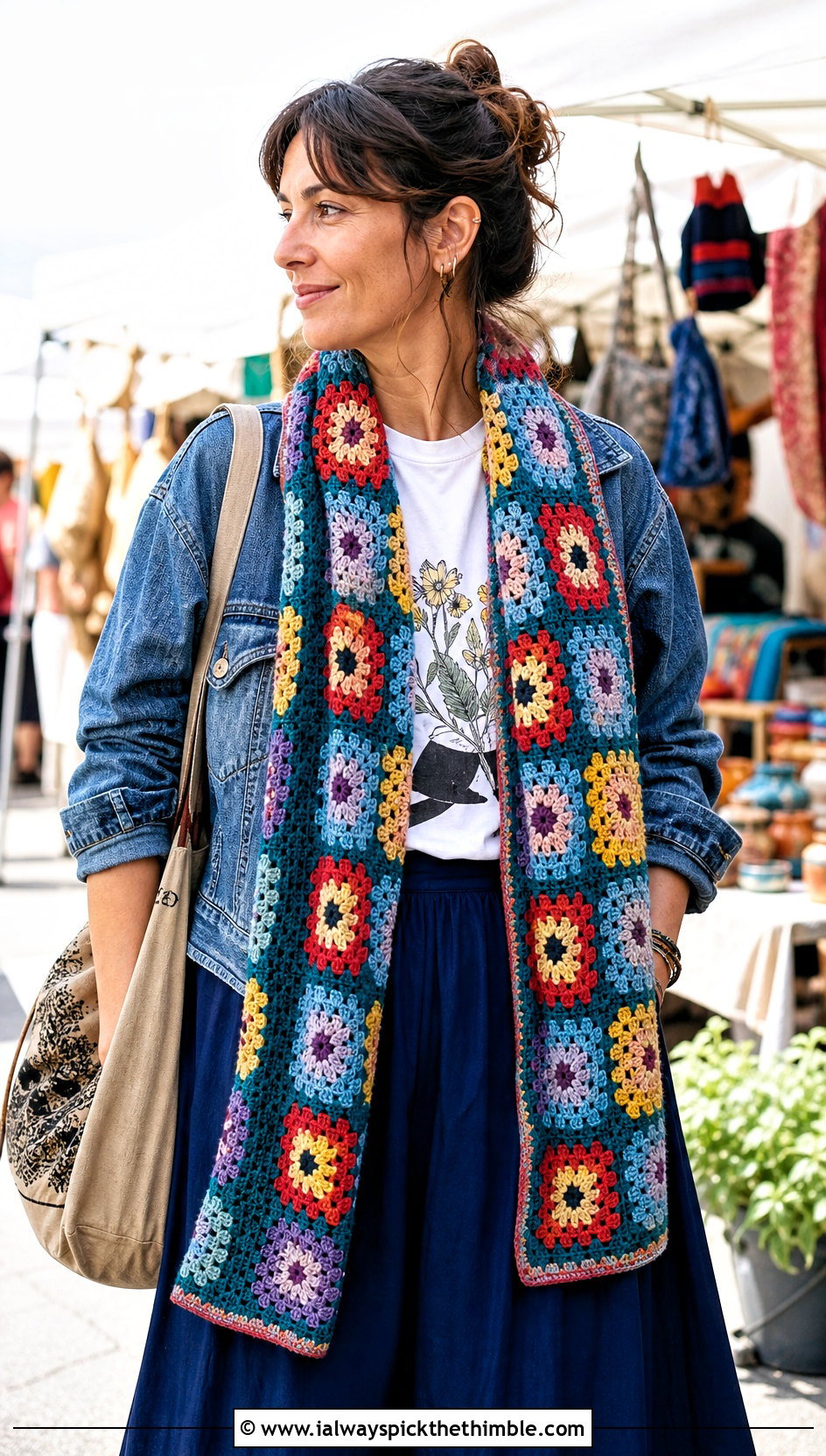 Patchwork Granny Scarf With Graphic Tee And Midi Skirt - 25 granny crochet scarf outfit ideas