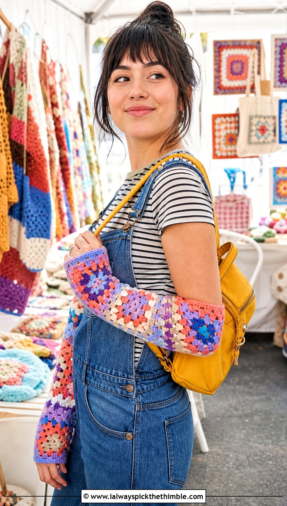 Patchwork Granny Square Arm Warmers With Overalls - 20 Granny Square Arm Warmers outfit ideas