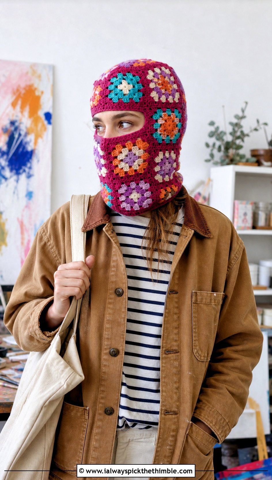 Patchwork Granny Square Balaclava With Chore Coat - 20 crochet granny square balaclava outfit ideas