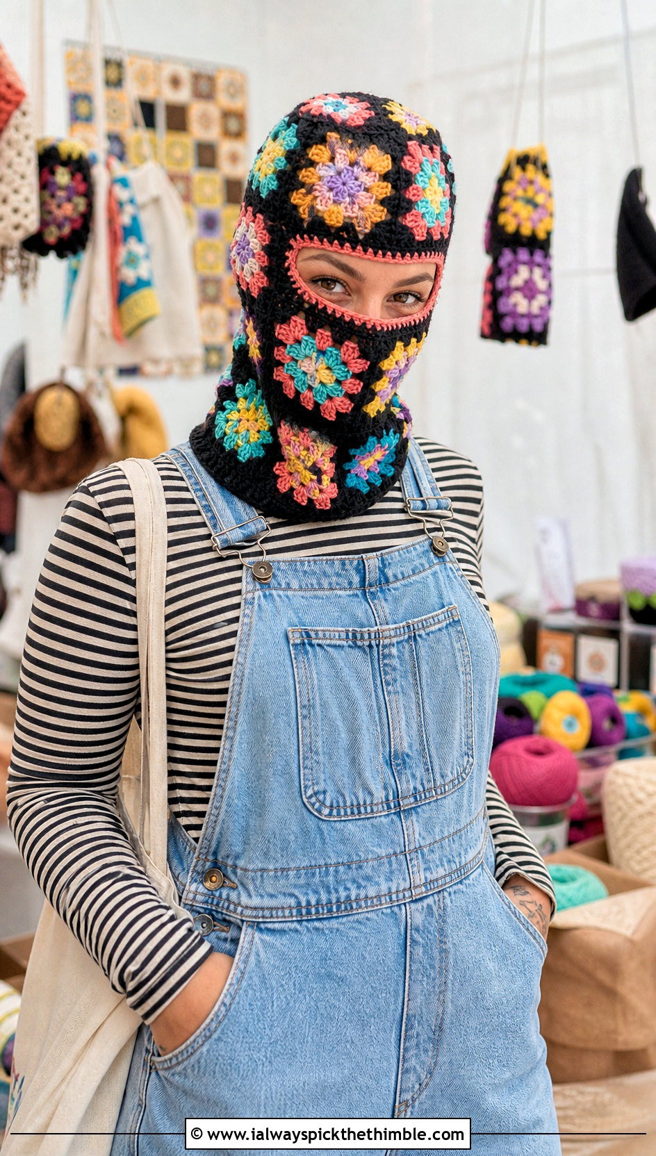 Patchwork Granny Square Balaclava With Overalls And Striped Tee - 25 granny square balaclava outfit ideas