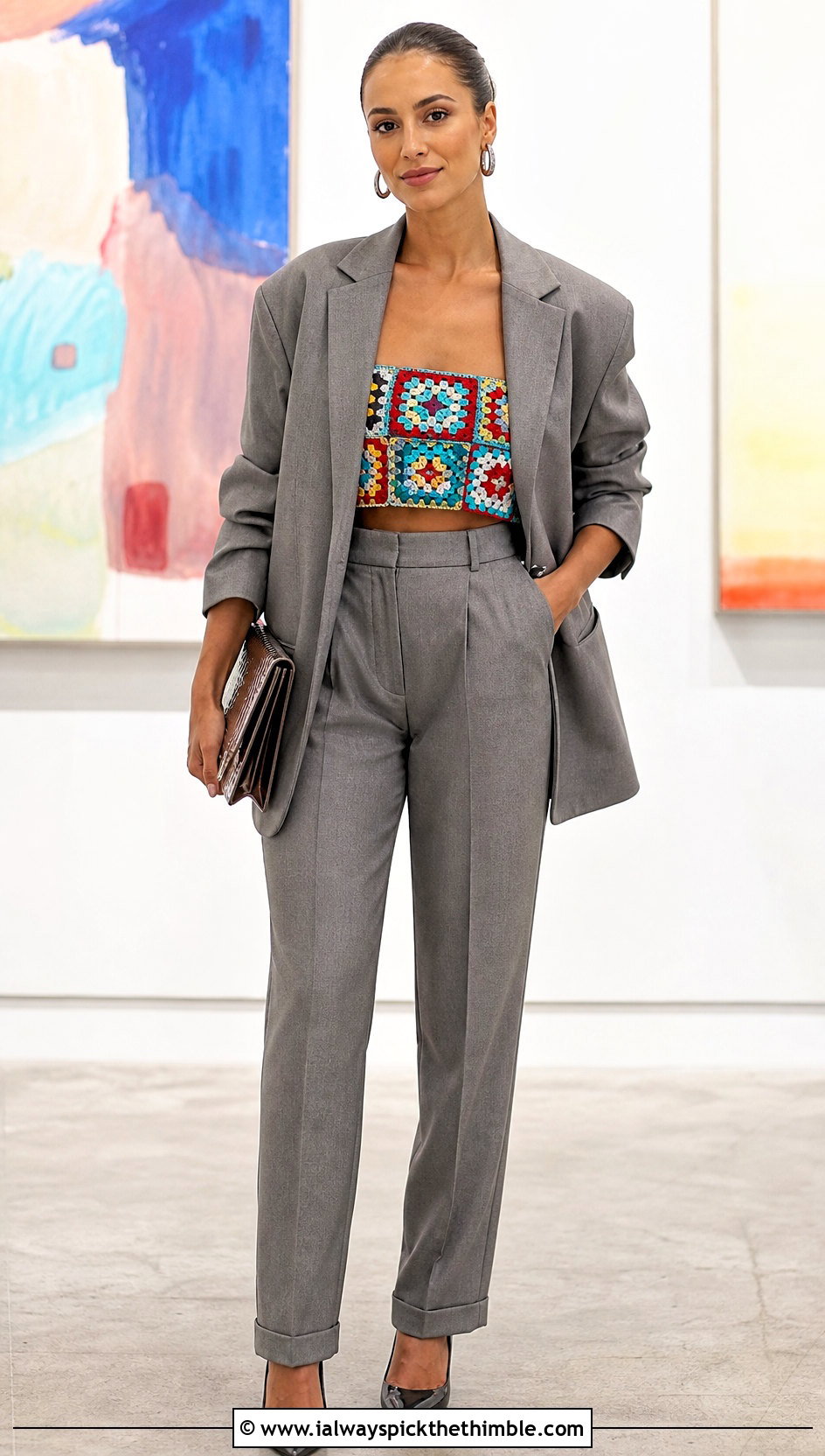 Patchwork Granny Square Bandeau Top With Oversized Suit - 25 crochet granny square top outfit ideas